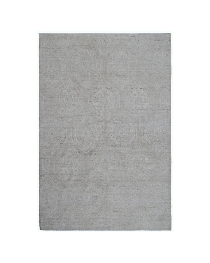Hand-knotted 6x8 small European design wool rug in soft transitional tones