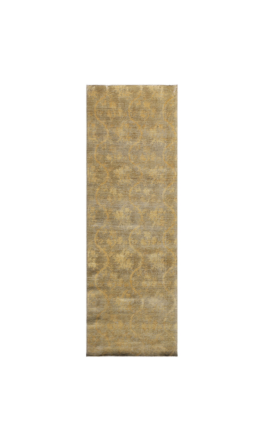 Overhead detailed view of a premium 8'9" x 2'11" Ariana transitional hand-knotted wool on cotton with silk runner rug featuring an elegant green and ivory Chinoiserie design.