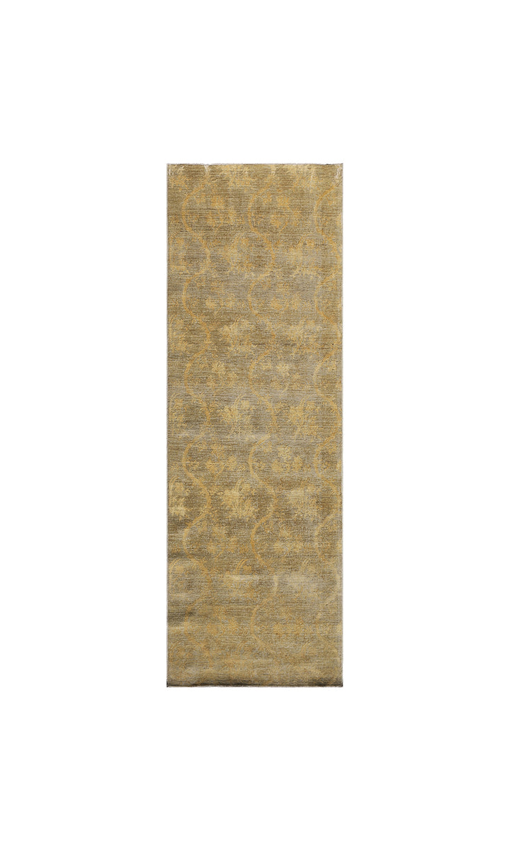Overhead detailed view of a premium 8'9" x 2'11" Ariana transitional hand-knotted wool on cotton with silk runner rug featuring an elegant green and ivory Chinoiserie design.