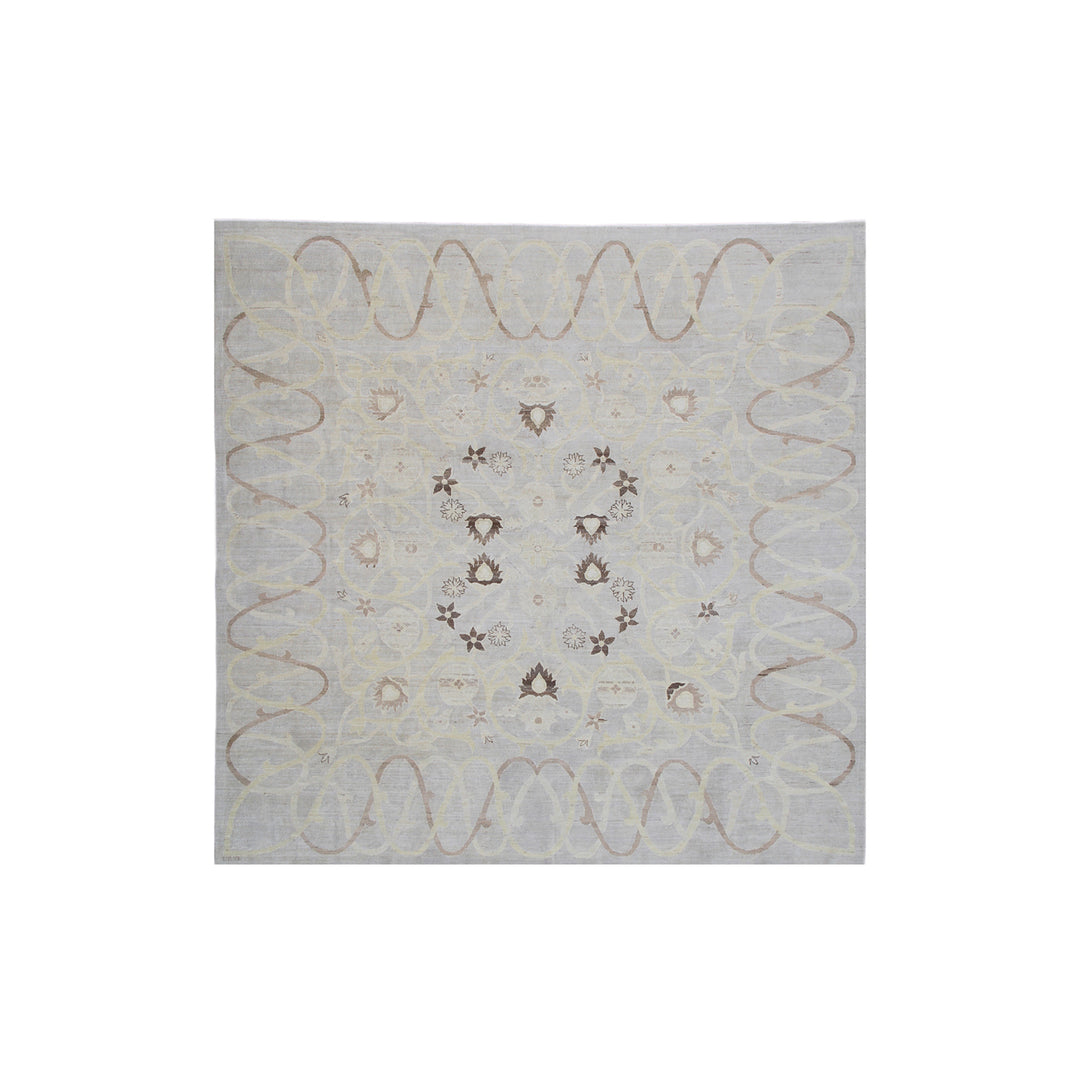 Authentic Ariana Transitional Collection 8x8 square wool area rug featuring a transitional floral design in a soft color palette, ethically hand-knotted in Afghanistan.