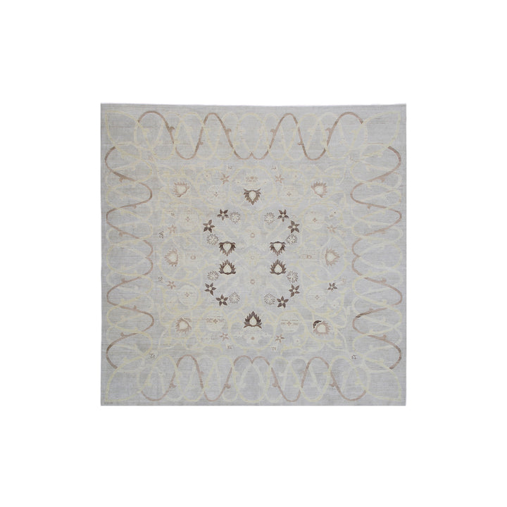 Authentic Ariana Transitional Collection 8x8 square wool area rug featuring a transitional floral design in a soft color palette, ethically hand-knotted in Afghanistan.