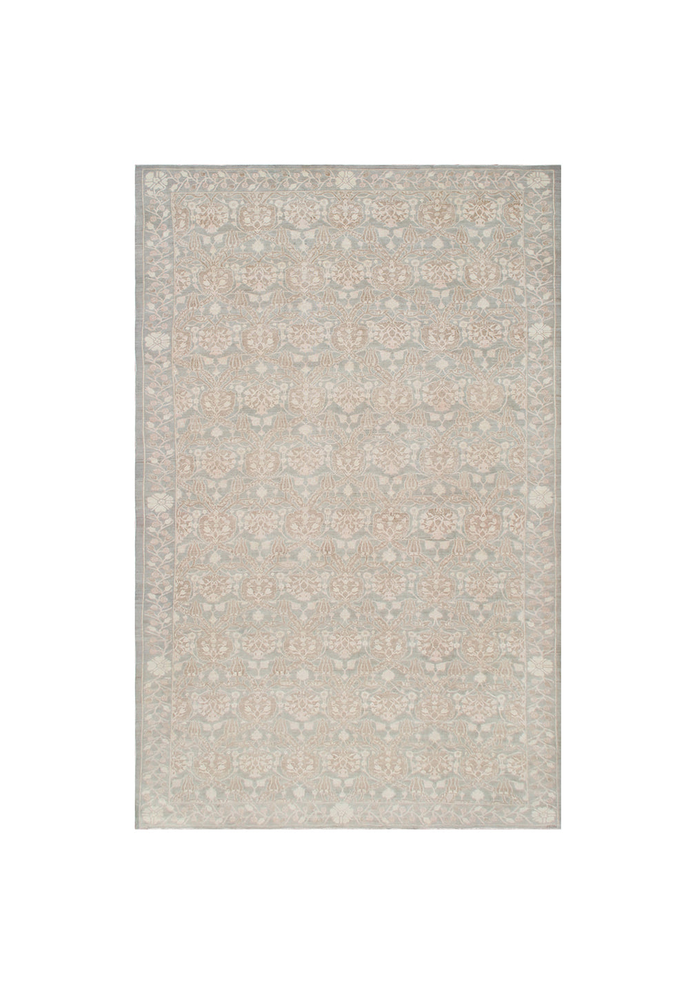 Authentic Ariana Transitional Collection 10x20 wool area rug featuring a large Ottoman design in soft gray, pink, and ivory tones, hand-knotted by female weavers in Afghanistan.