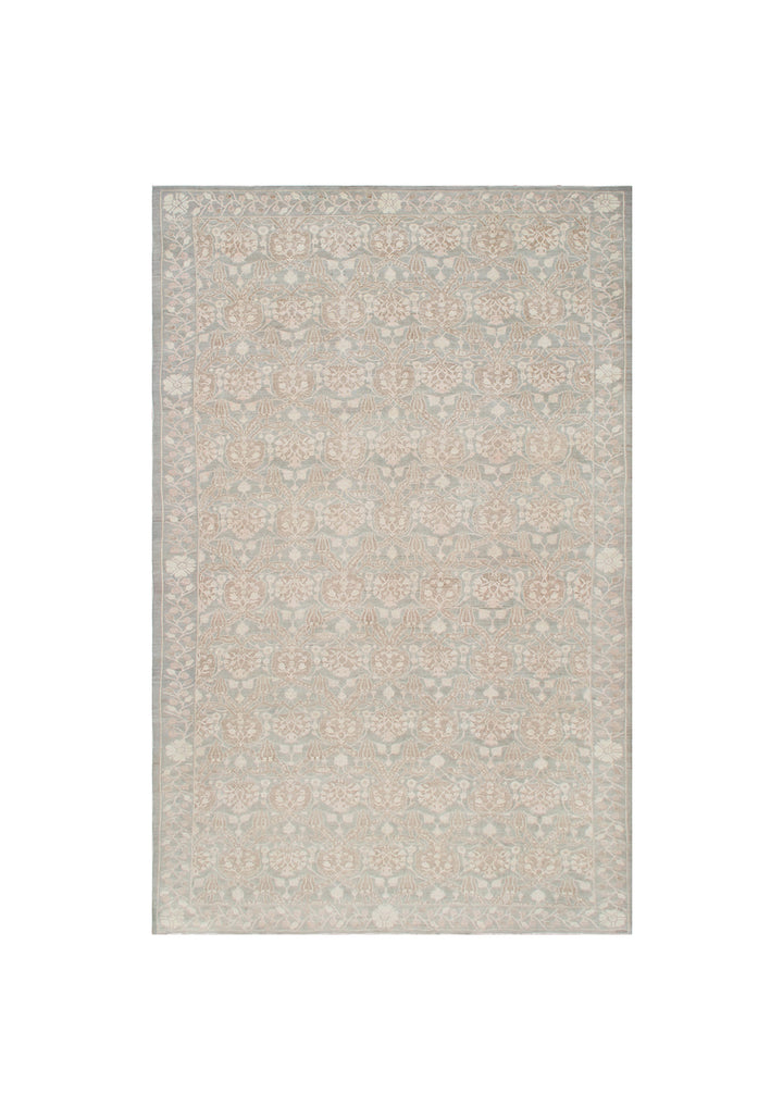 Authentic Ariana Transitional Collection 10x20 wool area rug featuring a large Ottoman design in soft gray, pink, and ivory tones, hand-knotted by female weavers in Afghanistan.