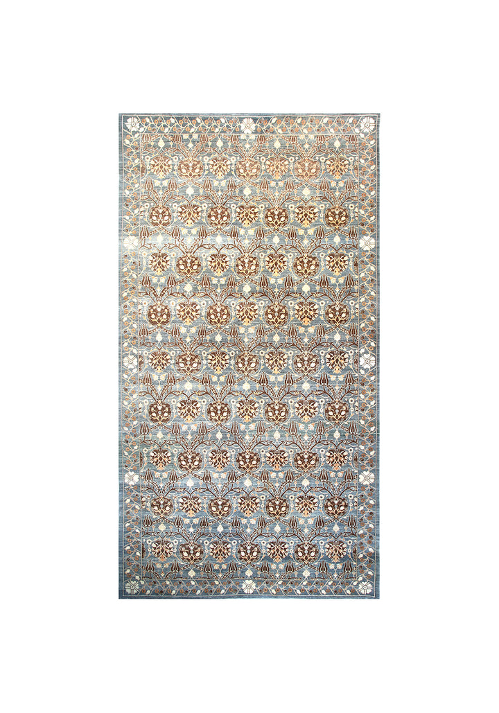 Authentic Ariana Transitional Collection 10x19 wide and long wool gallery runner featuring a gray Ottoman design, hand-knotted by female weavers in Afghanistan.