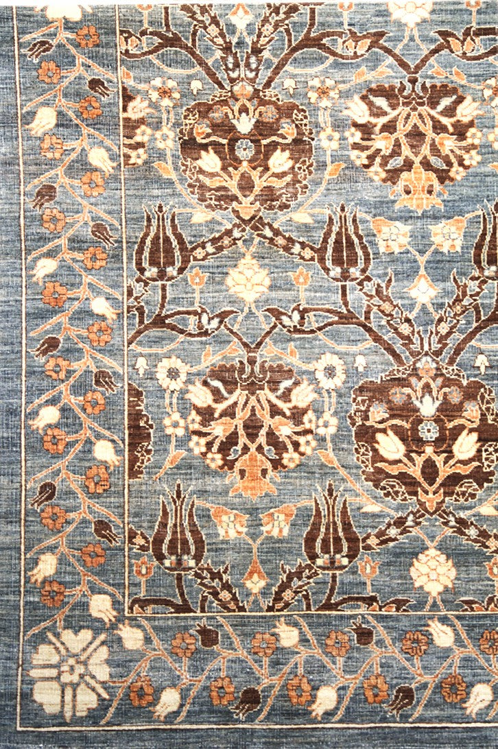 Authentic Ariana Transitional Collection 10x19 wide and long wool gallery runner featuring a gray Ottoman design, hand-knotted by female weavers in Afghanistan.