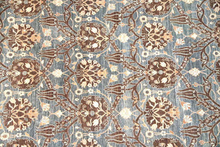 Authentic Ariana Transitional Collection 10x19 wide and long wool gallery runner featuring a gray Ottoman design, hand-knotted by female weavers in Afghanistan.