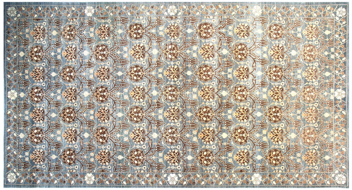 Authentic Ariana Transitional Collection 10x19 wide and long wool gallery runner featuring a gray Ottoman design, hand-knotted by female weavers in Afghanistan.