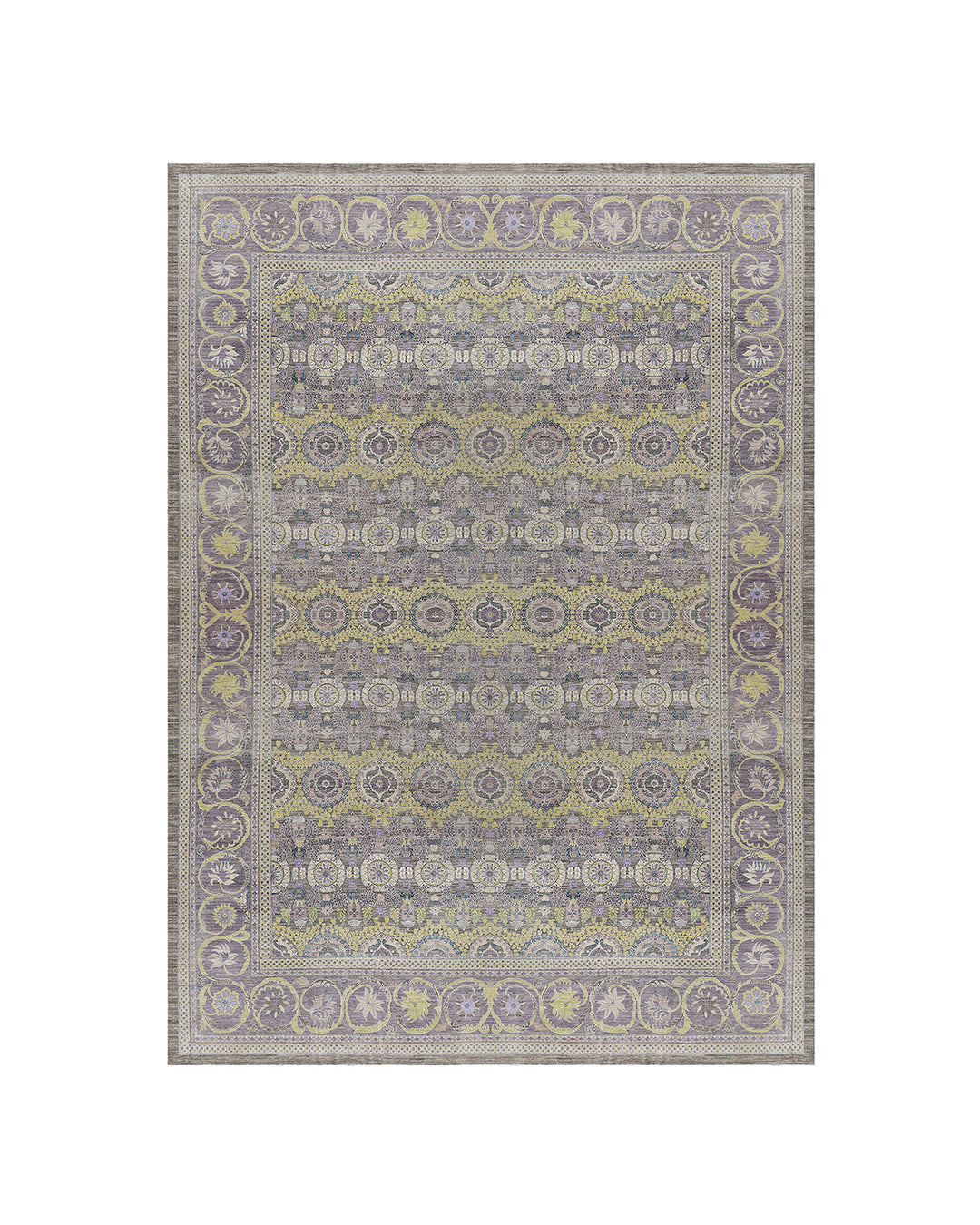 Authentic hand-knotted oversized Ariana Transitional wool area rug featuring a subtle purple, luminous yellow, and ivory palette