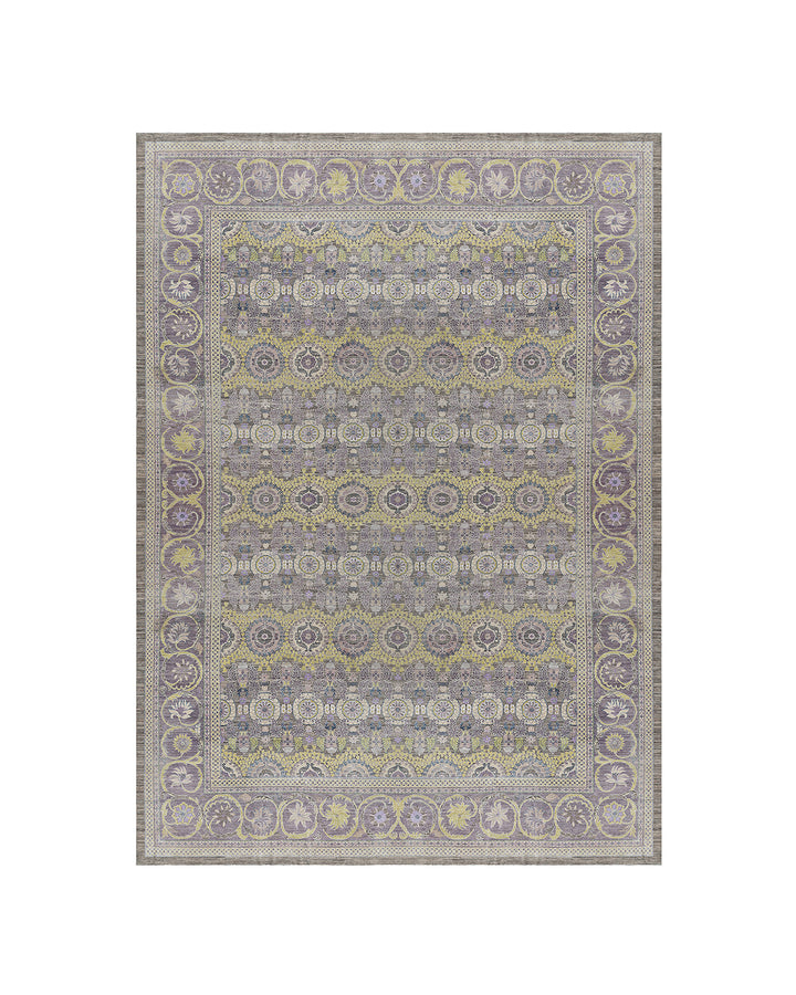 Authentic hand-knotted oversized Ariana Transitional wool area rug featuring a subtle purple, luminous yellow, and ivory palette