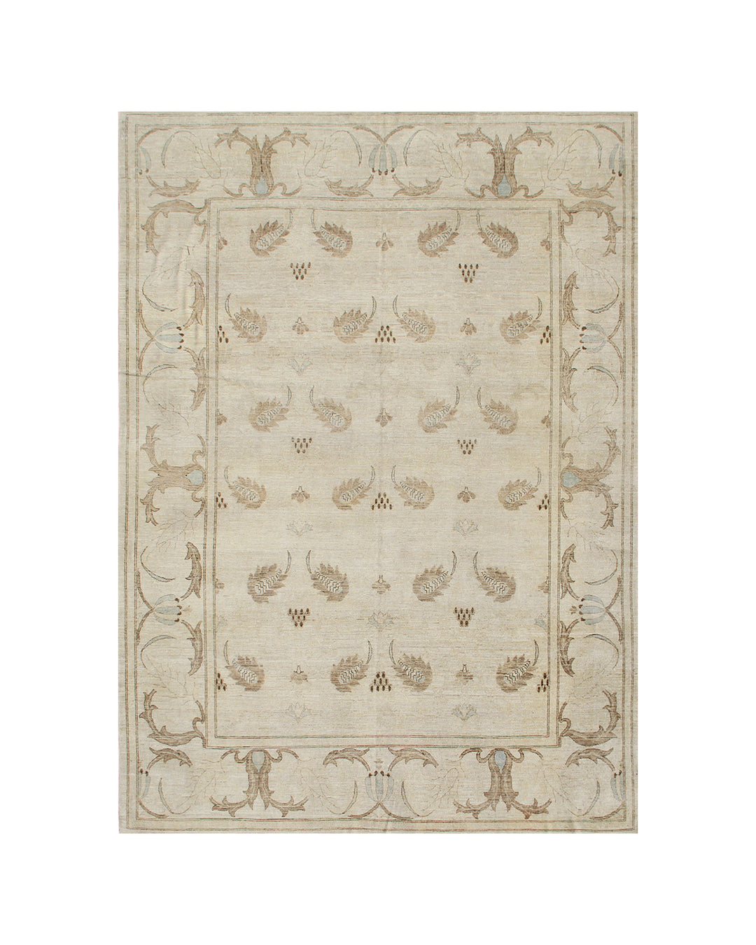 Authentic Ariana Transitional Collection 9x11 wool area rug featuring a short-pile Spanish heritage design in a soft, light color palette, hand-knotted by Hazara weavers in Afghanistan.