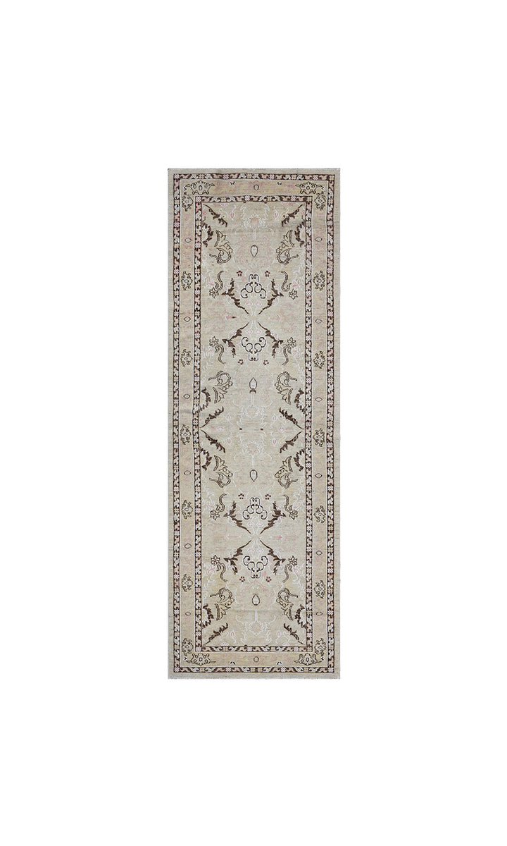 Over-the-shoulder detailed view of an authentic 8'4" x 2'8" Ariana transitional wool hand-knotted runner rug with intricate modern-classic patterns.