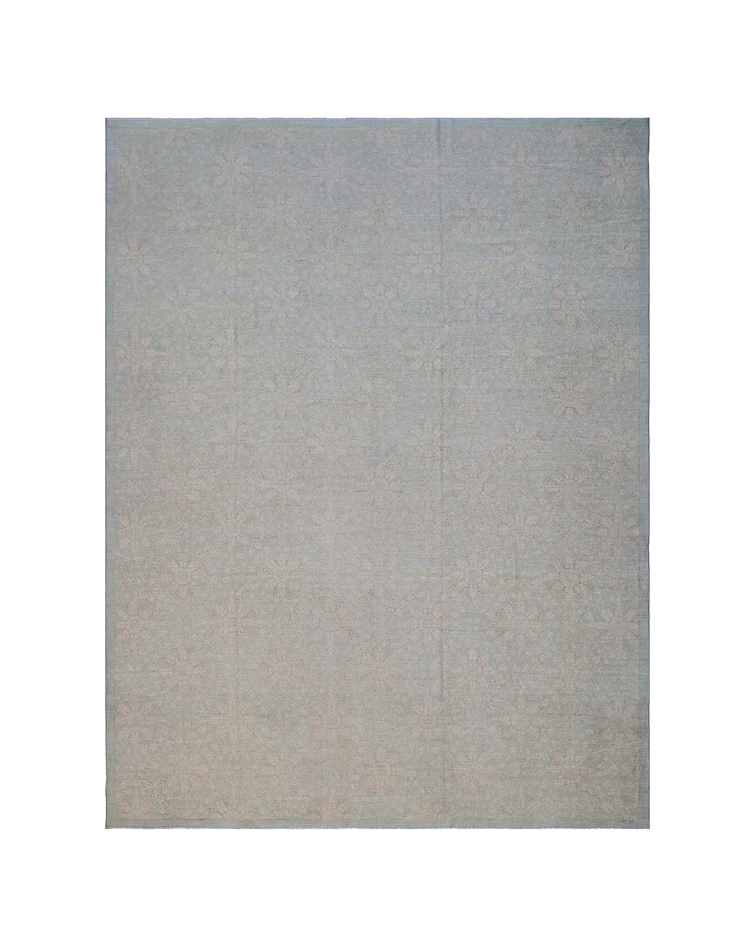 Hand-knotted 9x12 Ariana Vintage wool rug with European design patterns in soft turquoise and ivory