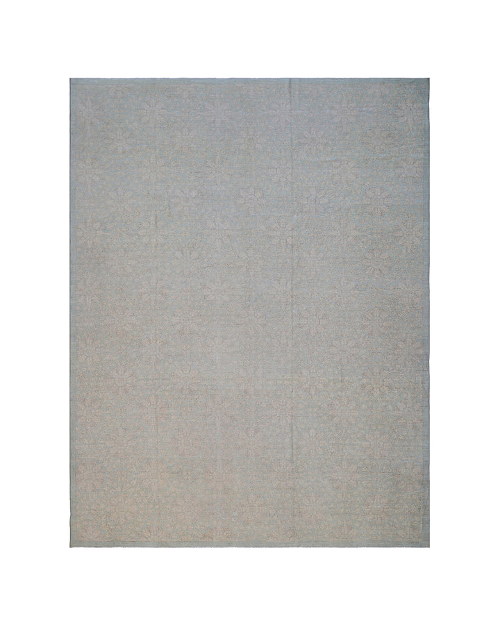 Hand-knotted 9x12 Ariana Vintage wool rug with European design patterns in soft turquoise and ivory