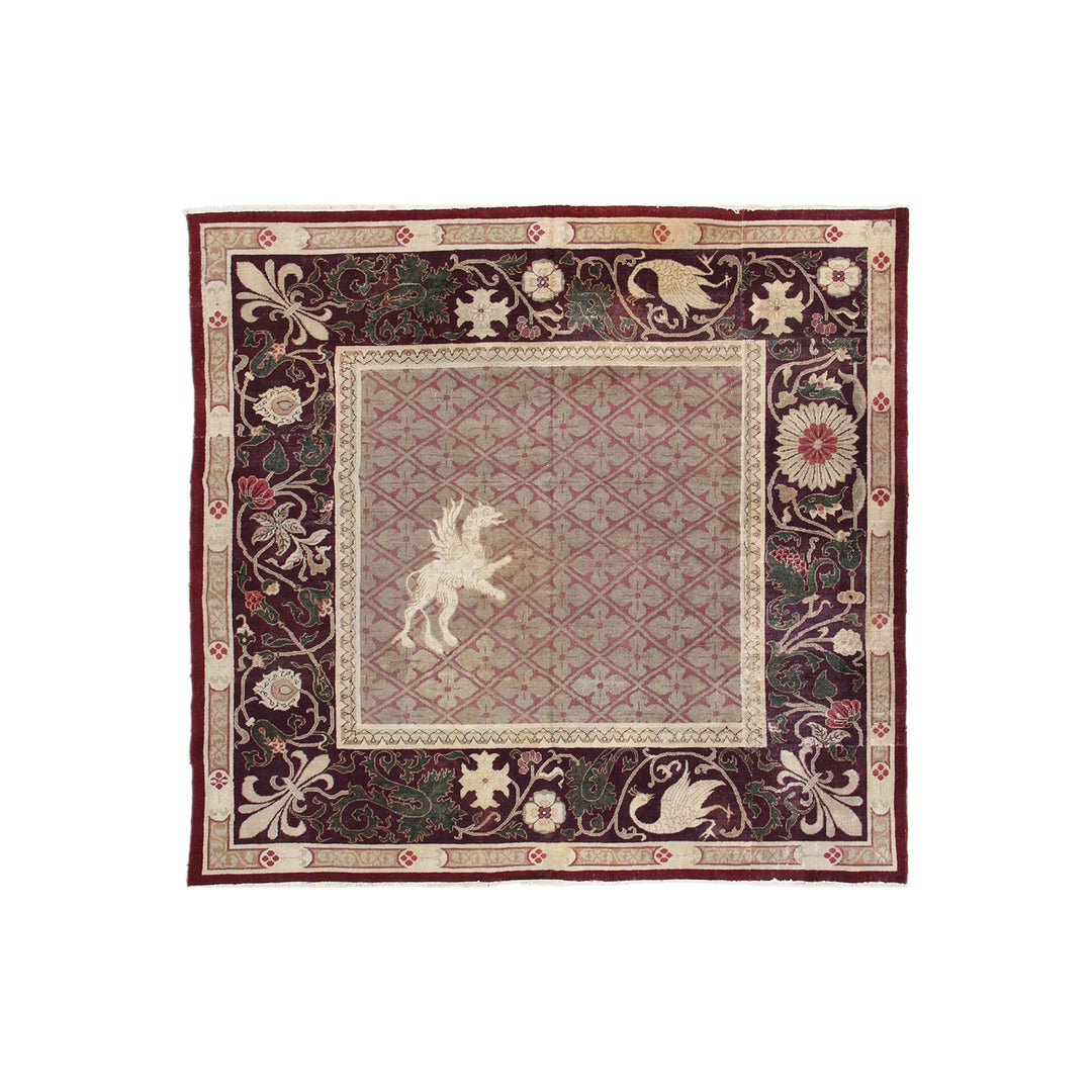 Ariana Rugs Antique Indian Square Rug - Mythical Bird Motif in Burgundy and Tan