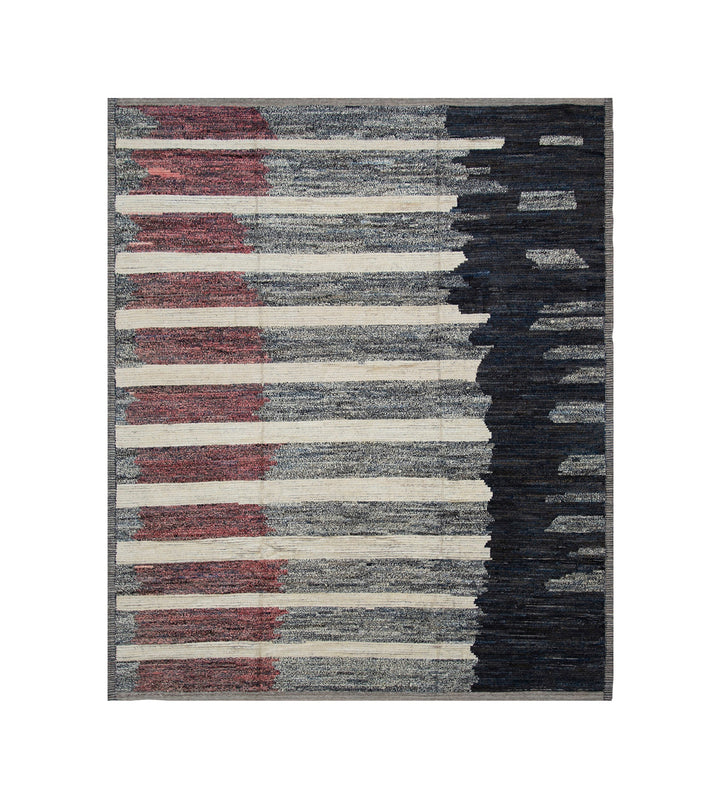 Authentic Ariana Barchi 9x12 Large Striped Moroccan Style Wool Rug in Grey, Ivory, Black, and Rust