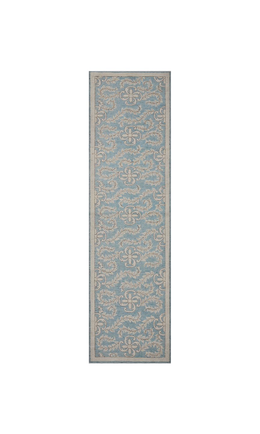 Authentic hand-knotted Afghan runner rug from Ariana Rugs, featuring an intricate floral design in blue and beige organic wool.