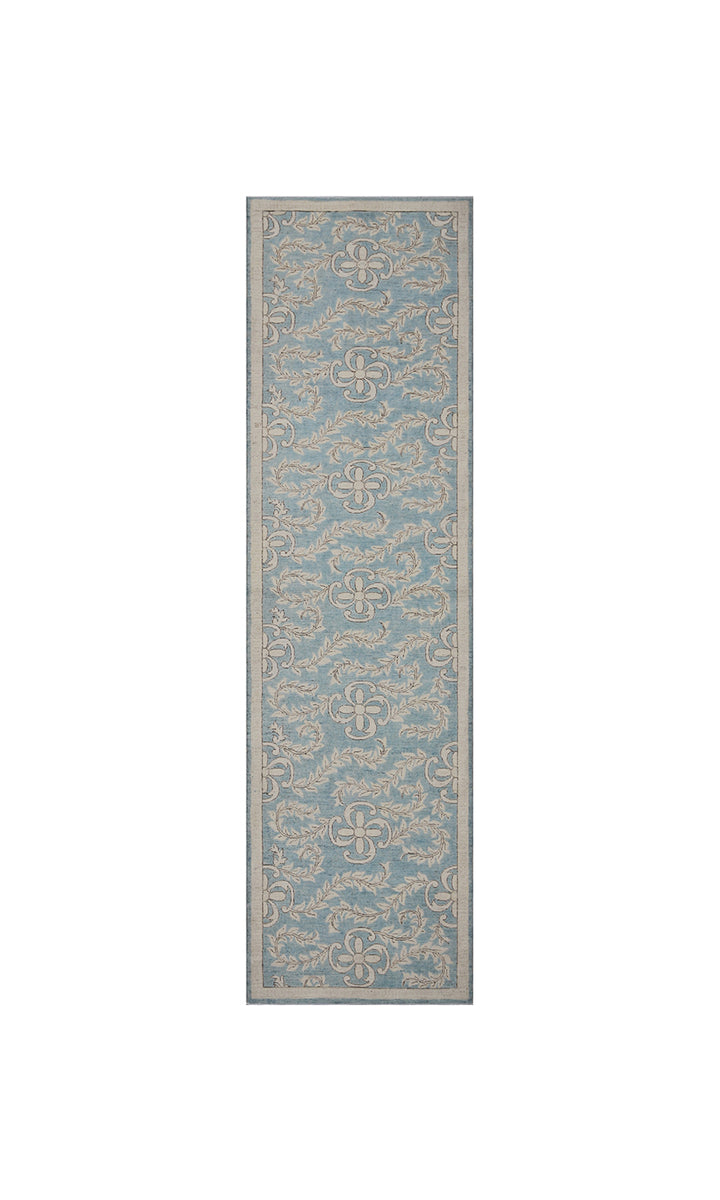 Authentic hand-knotted Afghan runner rug from Ariana Rugs, featuring an intricate floral design in blue and beige organic wool.