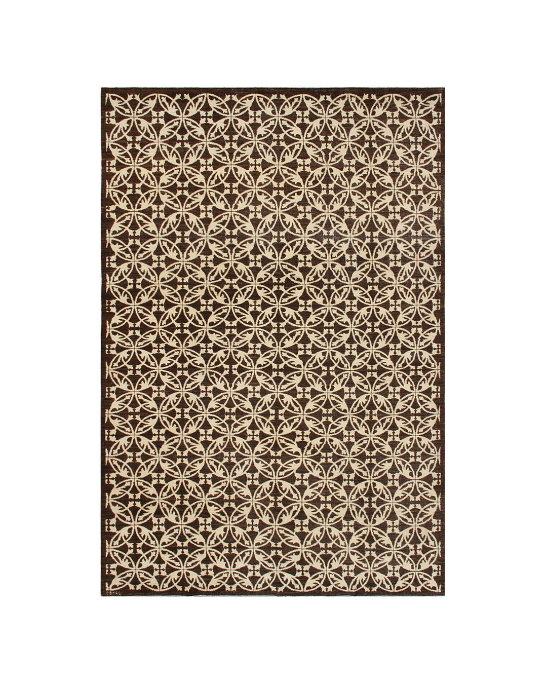 Authentic hand-knotted Afghan area rug from the Ariana Modern Collection, featuring a contemporary geometric design in dark brown and ivory organic wool.