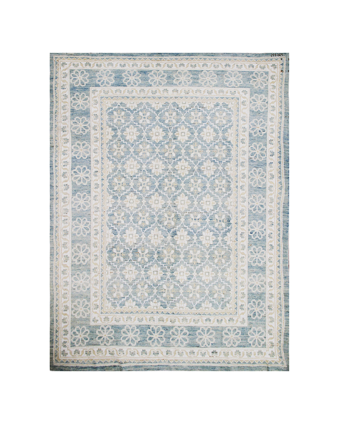 Authentic hand-knotted Afghan area rug from the Ariana Samarkand Collection, featuring a classic geometric design in blue and ivory organic wool.