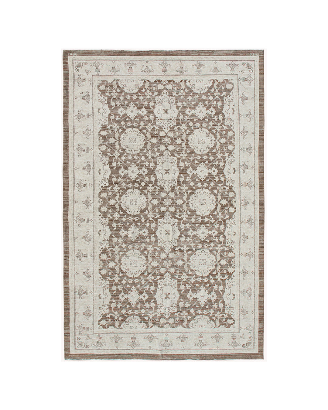 Authentic fine hand-knotted Afghan area rug from the Ariana Traditional Collection, featuring the Agra 505 design in a low-pile organic brown wool weave.