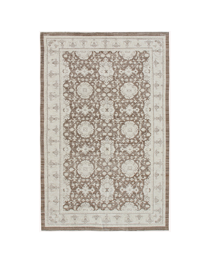 Authentic fine hand-knotted Afghan area rug from the Ariana Traditional Collection, featuring the Agra 505 design in a low-pile organic brown wool weave.