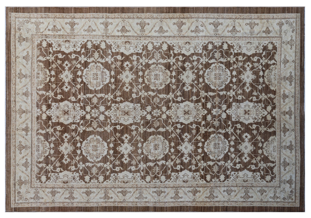 Authentic fine hand-knotted Afghan area rug from the Ariana Traditional Collection, featuring the Agra 505 design in low-pile warm brown and cream organic wool.