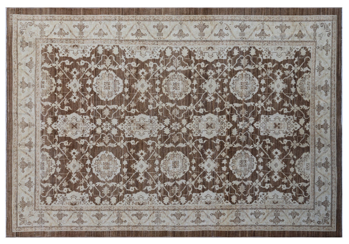 Authentic fine hand-knotted Afghan area rug from the Ariana Traditional Collection, featuring the Agra 505 design in low-pile warm brown and cream organic wool.