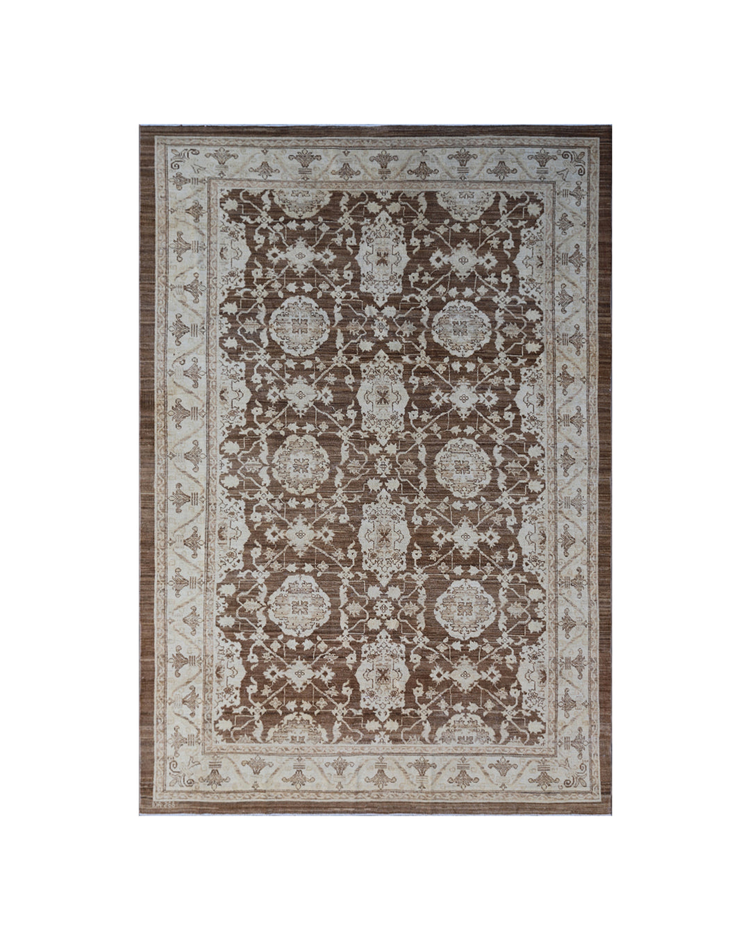 Authentic fine hand-knotted Afghan area rug from the Ariana Traditional Collection, featuring the Agra 505 design in low-pile warm brown and cream organic wool.