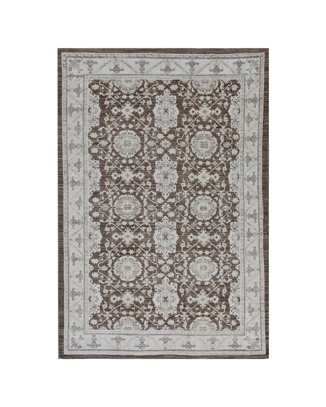 Authentic fine hand-knotted Afghan area rug from the Ariana Traditional Collection, featuring the Agra 505 brown design in low-pile warm brown and ivory organic wool.