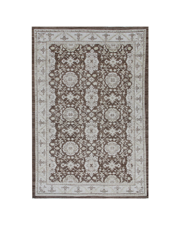 Authentic fine hand-knotted Afghan area rug from the Ariana Traditional Collection, featuring the Agra 505 brown design in low-pile warm brown and ivory organic wool.