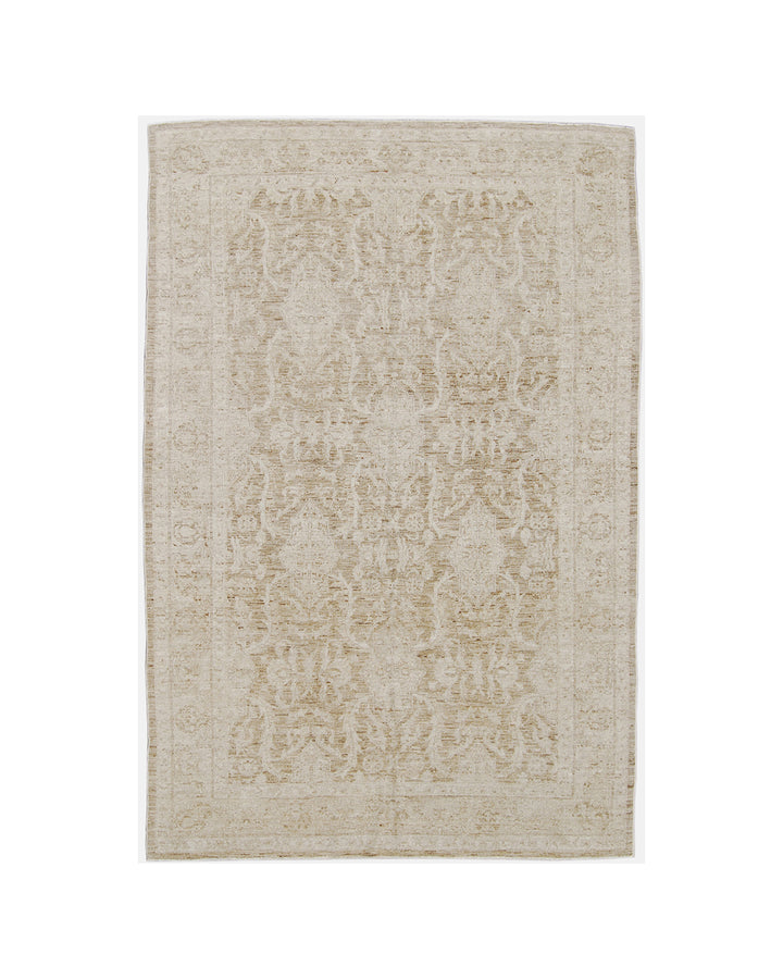 Authentic hand-knotted Afghan area rug from Ariana Rugs, featuring a muted Persian floral design in soft pale gold, light brown, and cream wool woven by Hazara women artisans.