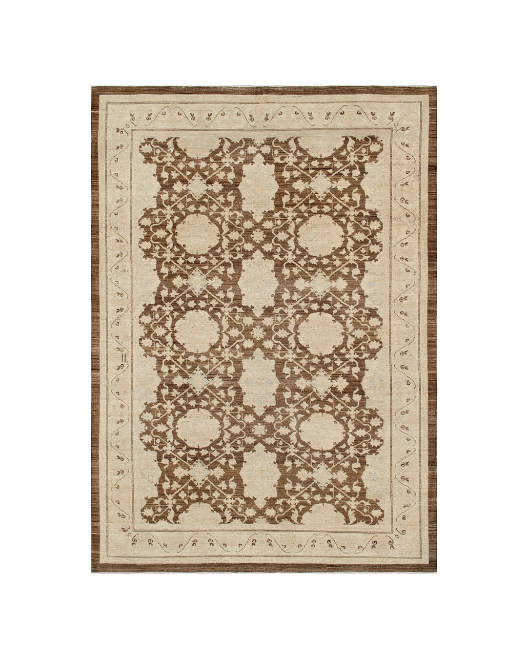 Authentic fine hand-knotted Afghan area rug from the Ariana Transitional Collection, featuring the Agra 505 design in low-pile brown and ivory organic wool.