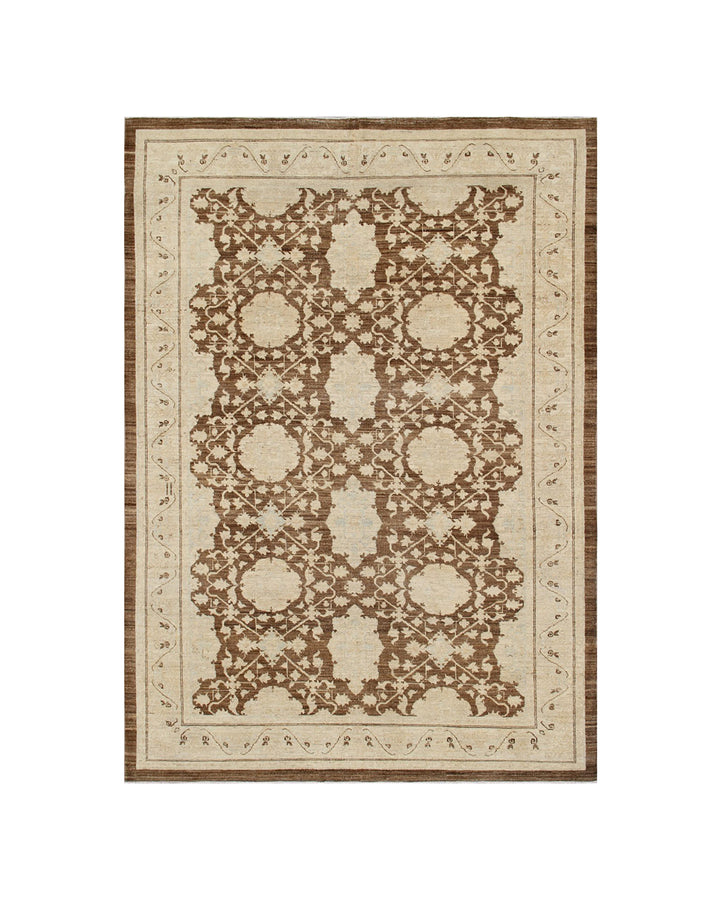 Authentic fine hand-knotted Afghan area rug from the Ariana Transitional Collection, featuring the Agra 505 design in low-pile brown and ivory organic wool.