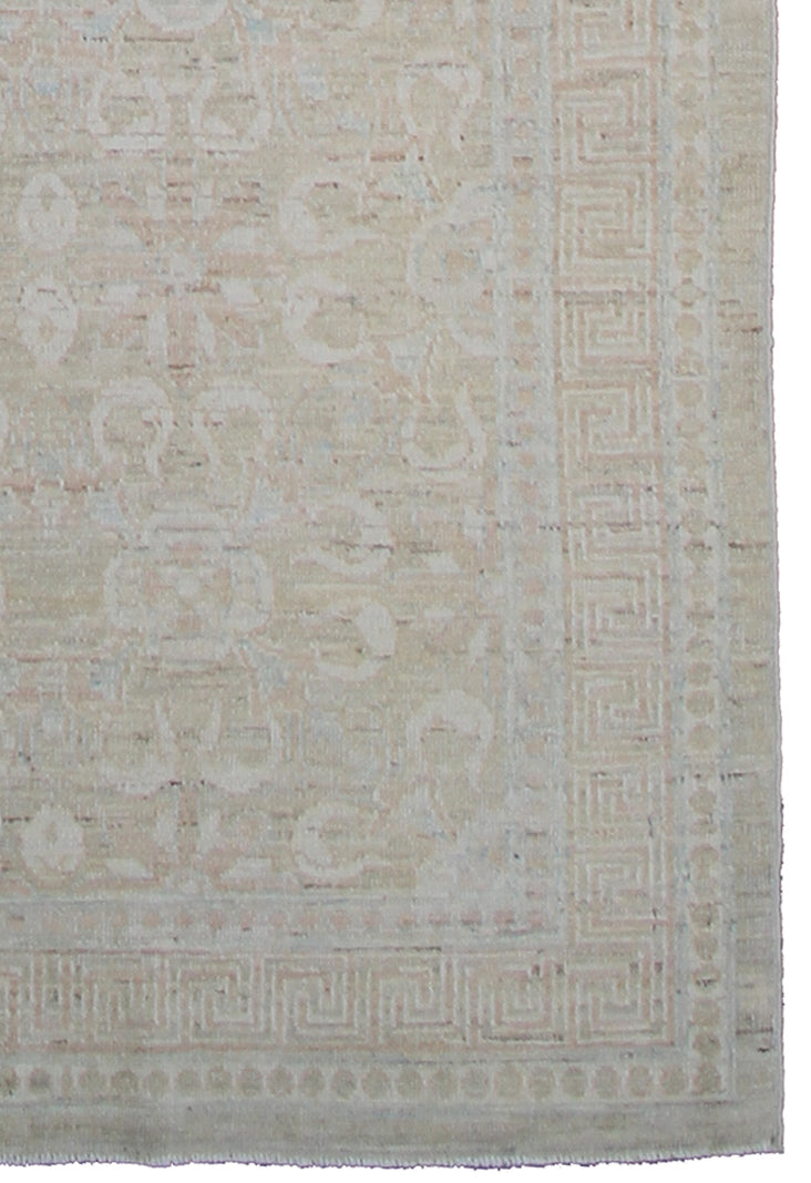 Authentic hand-knotted Afghan runner rug from the Ariana Transitional Collection, featuring a vintage floral design in washed-out olive green organic wool.
