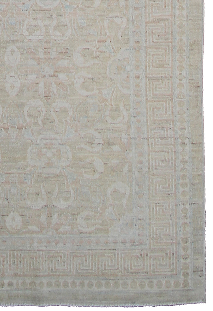 Authentic hand-knotted Afghan runner rug from the Ariana Transitional Collection, featuring a vintage floral design in washed-out olive green organic wool.
