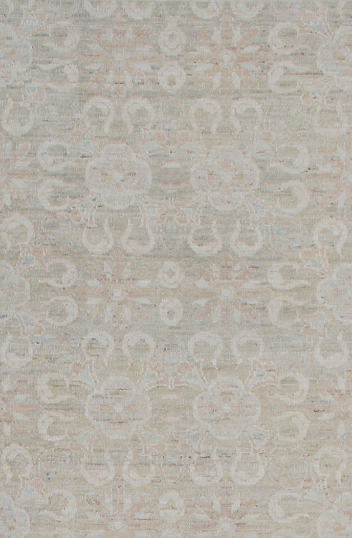 Authentic hand-knotted Afghan runner rug from the Ariana Transitional Collection, featuring a vintage floral design in washed-out olive green organic wool.