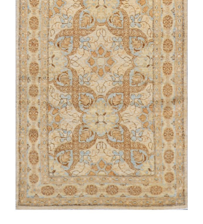 Authentic hand-knotted Afghan long runner rug from the Ariana Transitional Collection, featuring a classic Persian design in low-pile warm golden organic wool tones.
