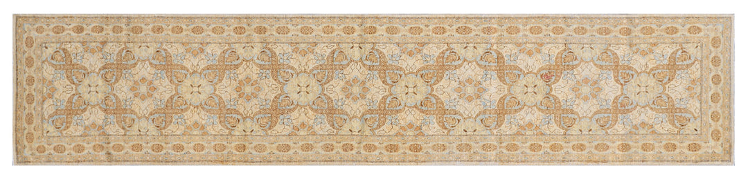Authentic hand-knotted Afghan long runner rug from the Ariana Transitional Collection, featuring a classic Persian design in low-pile warm golden organic wool tones.