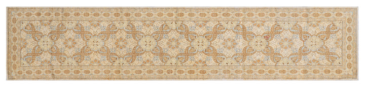 Authentic hand-knotted Afghan long runner rug from the Ariana Transitional Collection, featuring a classic Persian design in low-pile warm golden organic wool tones.