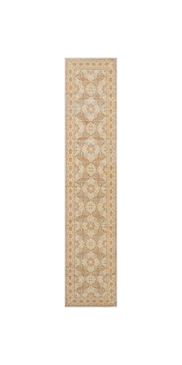 Authentic hand-knotted Afghan long runner rug from the Ariana Transitional Collection, featuring a classic Persian design in low-pile warm golden organic wool tones.