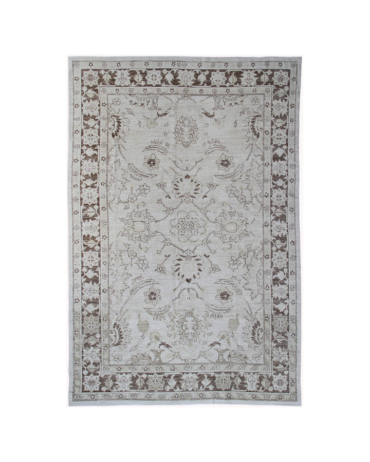 Authentic hand-knotted Afghan area rug from the Ariana Transitional Collection, featuring a Persian Sultanabad floral design on a low-pile ivory background.