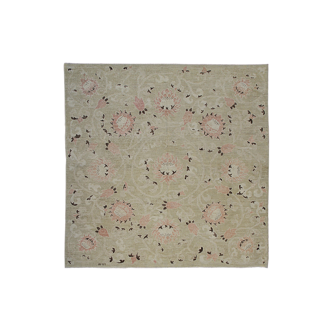 Authentic hand-knotted Afghan square rug from the Ariana Transitional Collection, featuring a traditional floral design in a thin-pile, soft goldish yellow organic wool weave.