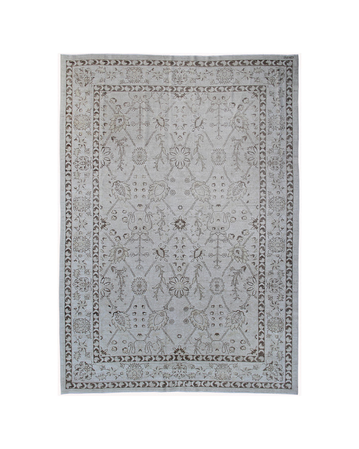 Authentic hand-knotted Afghan area rug from the Ariana Transitional Collection, featuring a classic Tabriz floral design in a low-pile ivory and brown organic wool weave.