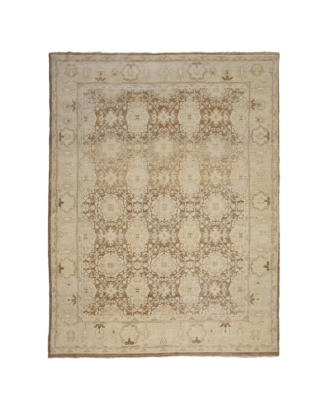 One-of-a-kind hand-knotted organic wool rug in Agra 505 design, featuring muted brown earthtone colors from the Ariana Vintage Traditional Collection.