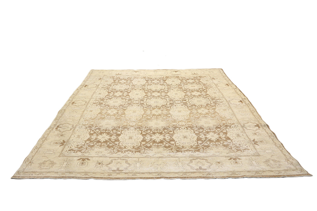 One-of-a-kind hand-knotted organic wool rug in Agra 505 design, featuring muted brown earthtone colors from the Ariana Vintage Traditional Collection.