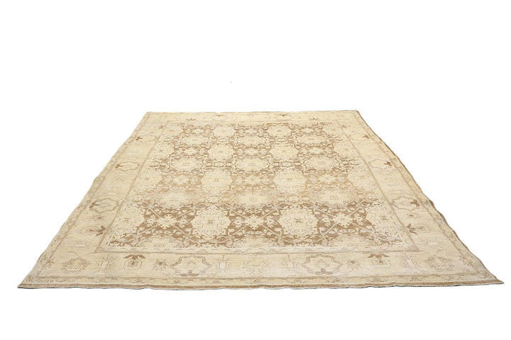One-of-a-kind hand-knotted organic wool rug in Agra 505 design, featuring muted brown earthtone colors from the Ariana Vintage Traditional Collection.