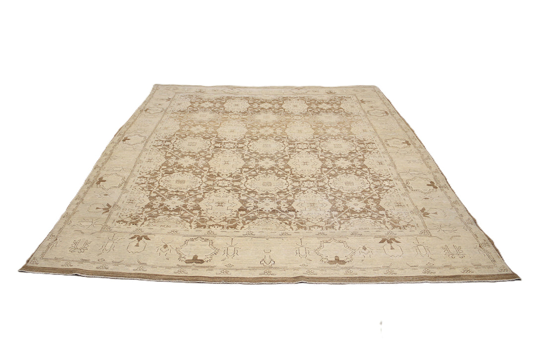 One-of-a-kind hand-knotted organic wool rug in Agra 505 design, featuring muted brown earthtone colors from the Ariana Vintage Traditional Collection.