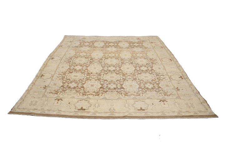 One-of-a-kind hand-knotted organic wool rug in Agra 505 design, featuring muted brown earthtone colors from the Ariana Vintage Traditional Collection.