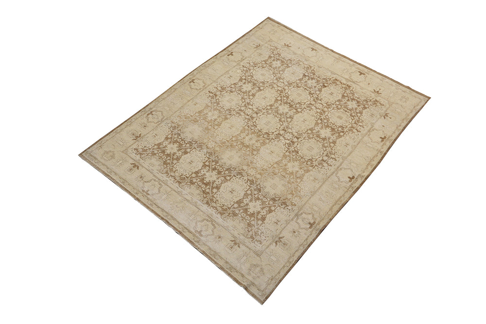 One-of-a-kind hand-knotted organic wool rug in Agra 505 design, featuring muted brown earthtone colors from the Ariana Vintage Traditional Collection.