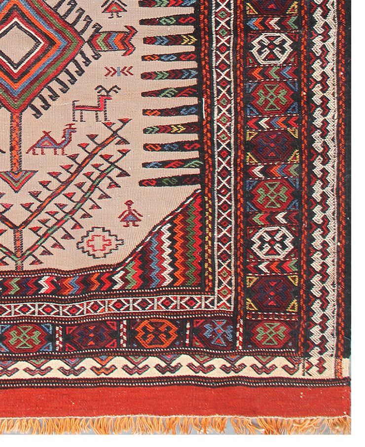 Authentic 4'x4' Baluchi Sofreh Kilim rug hand-woven with natural camel wool featuring a pictorial design of a little girl, camels, and dogs.